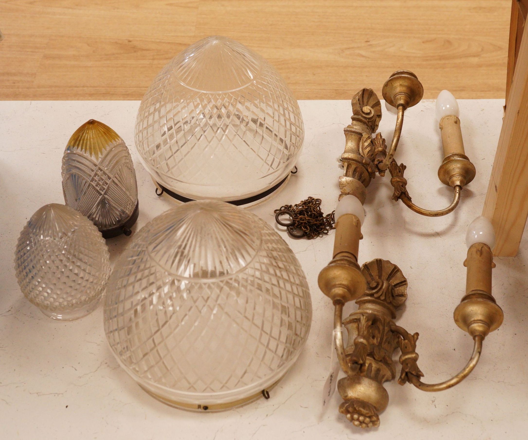 Assorted cut glass light shades, etc